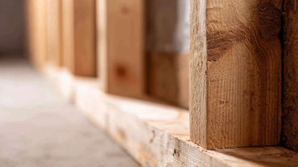 Close-up view of 2x4 wall framing with pressure-treated bottom plate on concrete basement floor