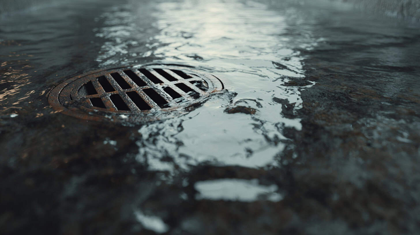 Standing water near basement floor drain representing health risks from sewage backup