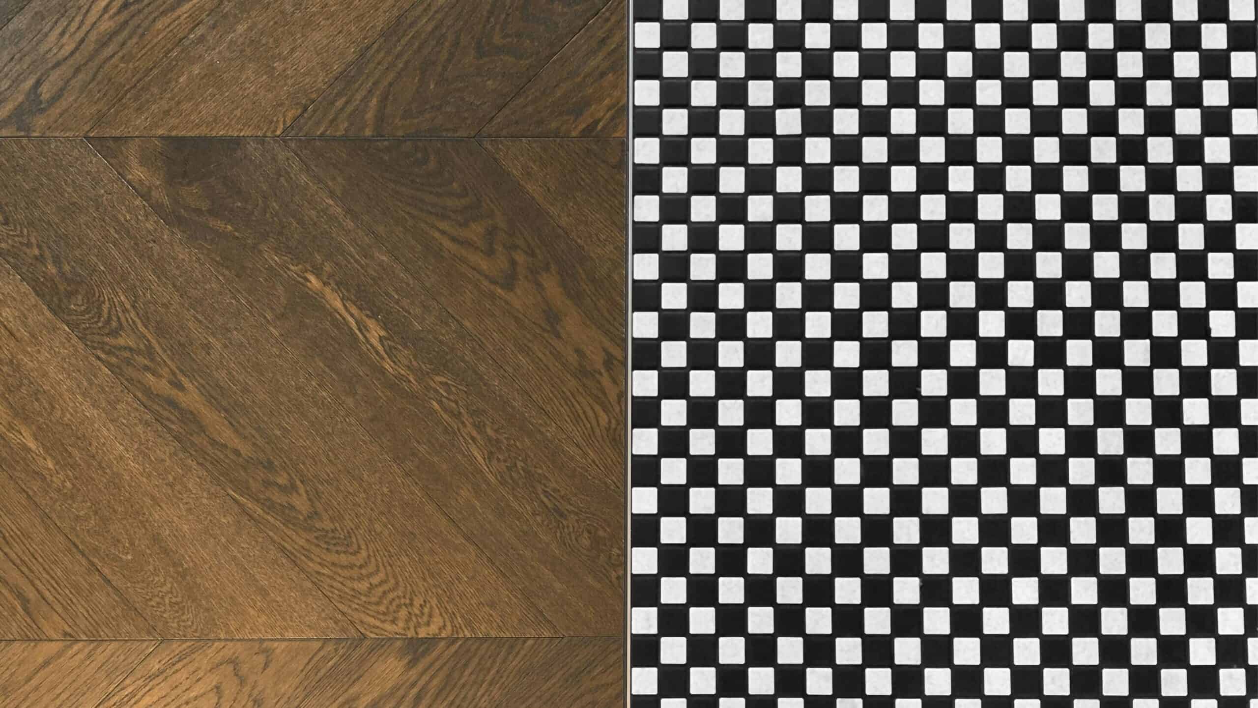 Side-by-side comparison of dark wood plank flooring and black-and-white checkered tile flooring