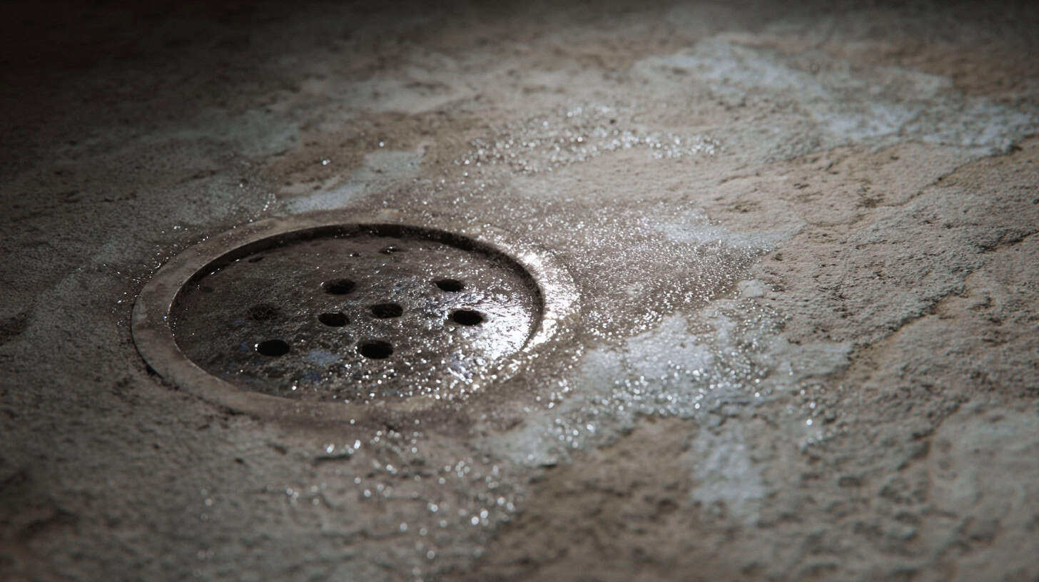 Basement floor drain with small puddles of water showing early signs of clogging