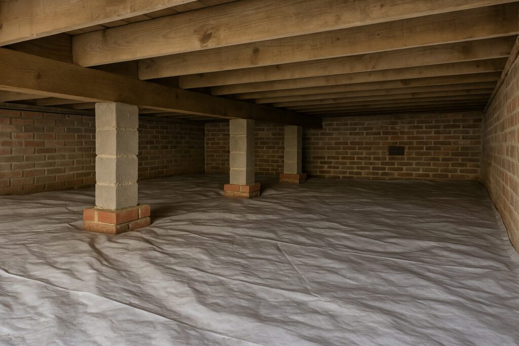 Slab vs Crawl Space Foundations: Pros, Cons & DIY Tips Crawl space under a home showing brick foundation walls, concrete block piers, and vapor barrier flooring.