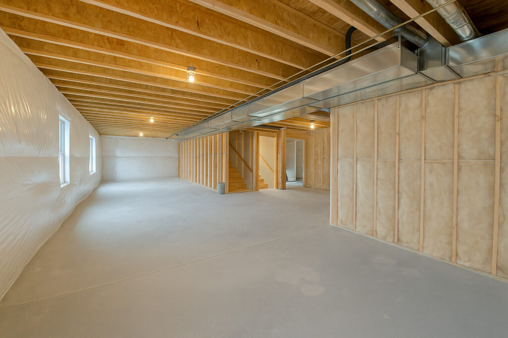 DIY Basement Insulation: How to Insulate Your Unfinished Basement A bright unfinished basement with foam board insulation, vapor barriers, and exposed wood joists showing proper DIY basement insulation setup.
