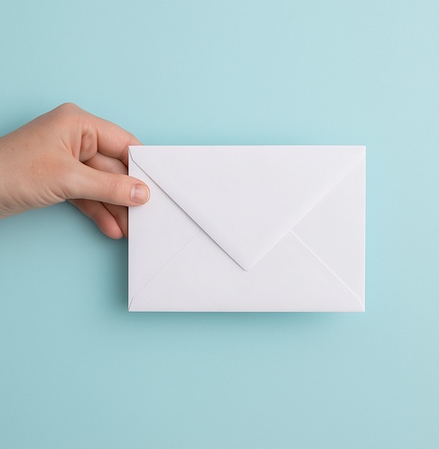 About A hand holding a white envelope against a light blue background