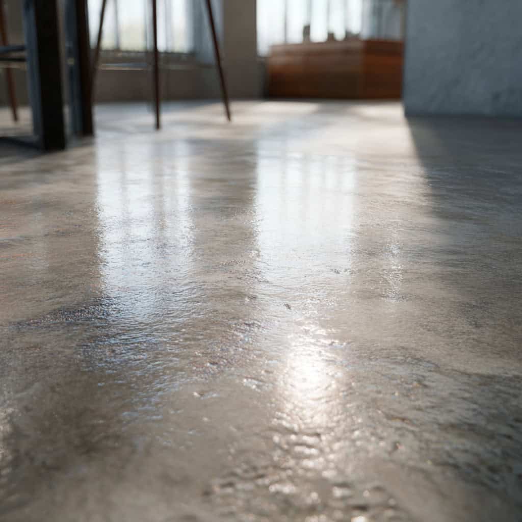 Close-up of a smooth, glossy epoxy-coated concrete basement floor reflecting light