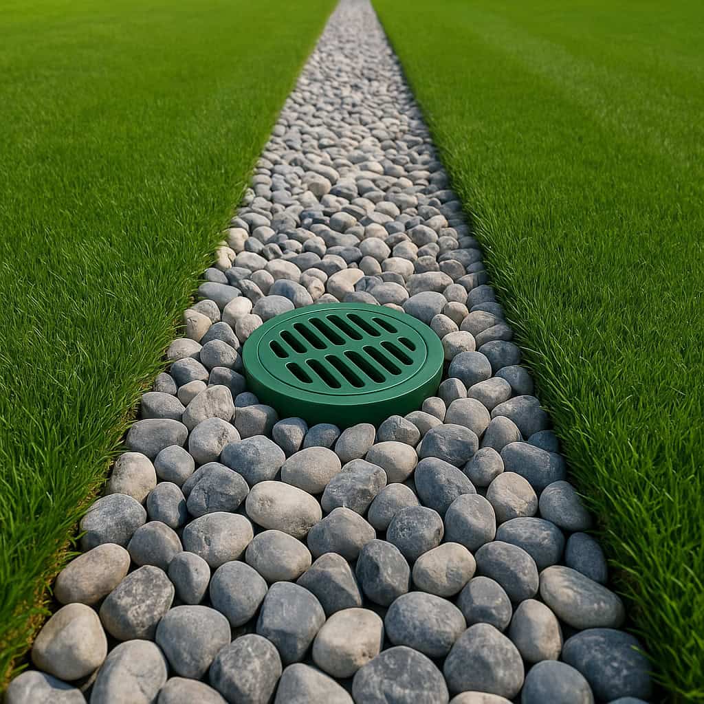 French drain with gravel trench and green drain cover installed in a lawn to manage groundwater and prevent yard flooding.