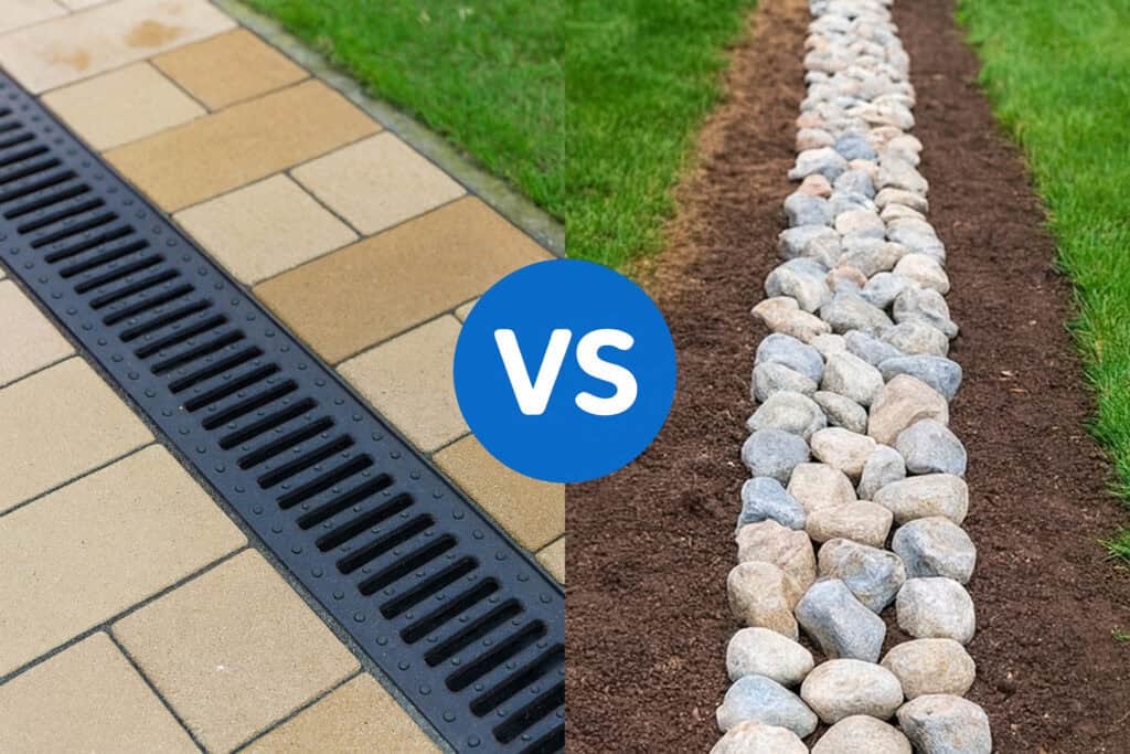 Side-by-side comparison of a channel drain on a paved surface and a French drain made of stones in a yard, showing differences in yard drainage systems.