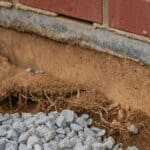 Exposed foundation footing caused by soil erosion near brick wall with gravel and drainpipe
