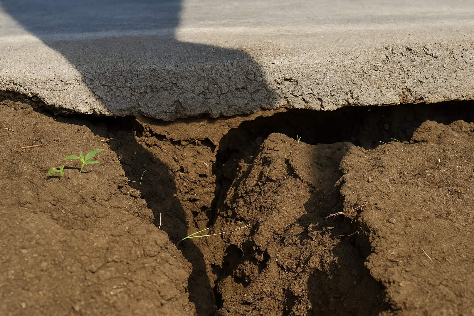 Close-up of soil erosion beneath a concrete foundation slab showing cracks and gaps in dry soil