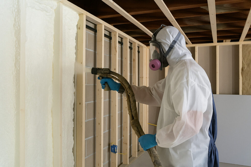 DIY Basement Insulation: How to Insulate Your Unfinished Basement A contractor in protective gear applying spray foam insulation between wooden studs in an unfinished basement wall.