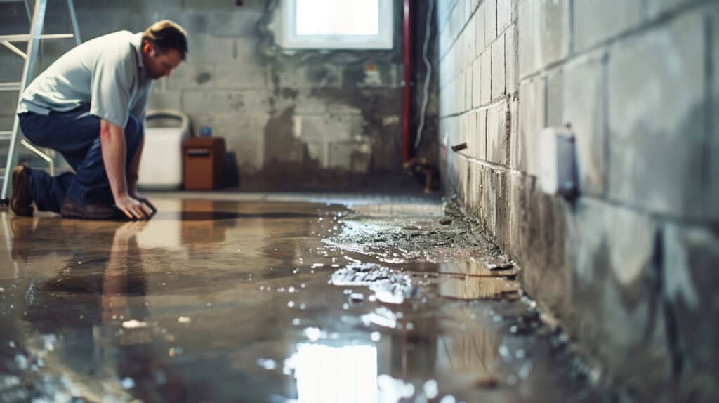 Homeowner inspecting damp basement wall with water stains and efflorescence
