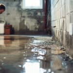 Homeowner inspecting damp basement wall with water stains and efflorescence