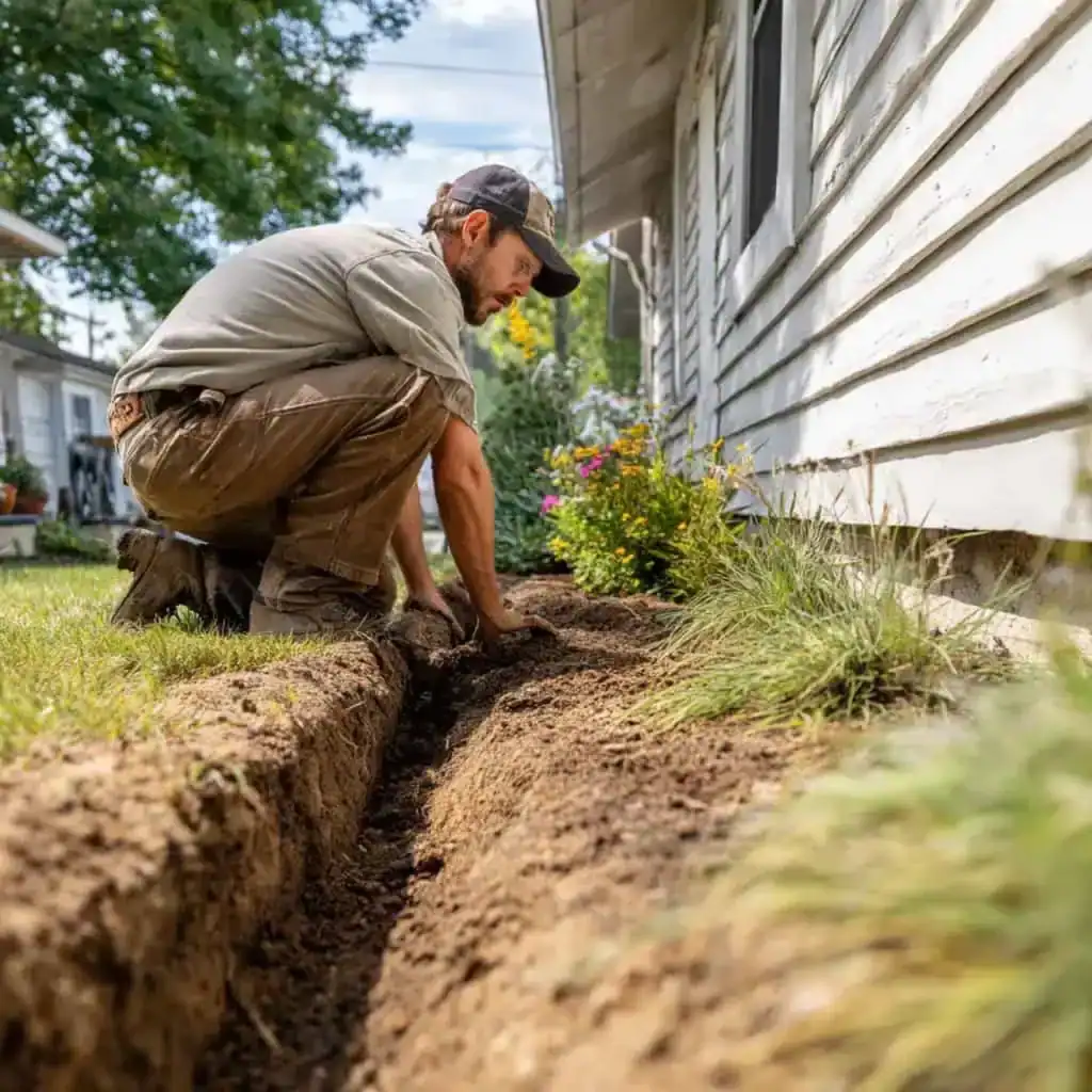 Homeowner grading soil around a house foundation with a gentle slope for proper drainage and stable soil