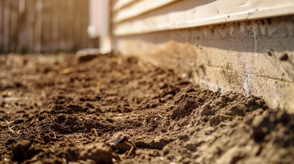Close-up view of soil graded and sloped away from a house foundation to show proper drainage during DIY grading project
