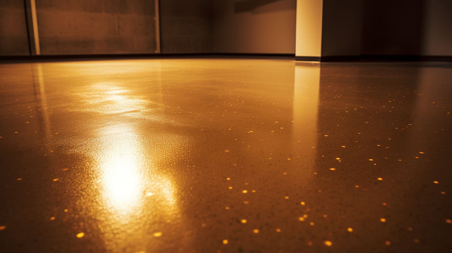 Close-up of a finished basement epoxy floor with a glossy, reflective surface and light speckling