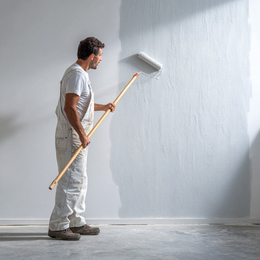 Homeowner painting concrete basement walls with waterproof masonry paint for a clean, bright finish.