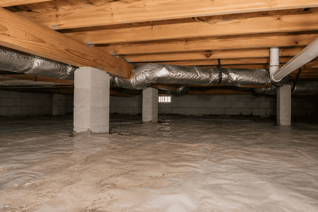 Residential crawl space with floor joists, ductwork, concrete piers, and a plastic vapor barrier