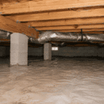 Residential crawl space with floor joists, ductwork, concrete piers, and a plastic vapor barrier